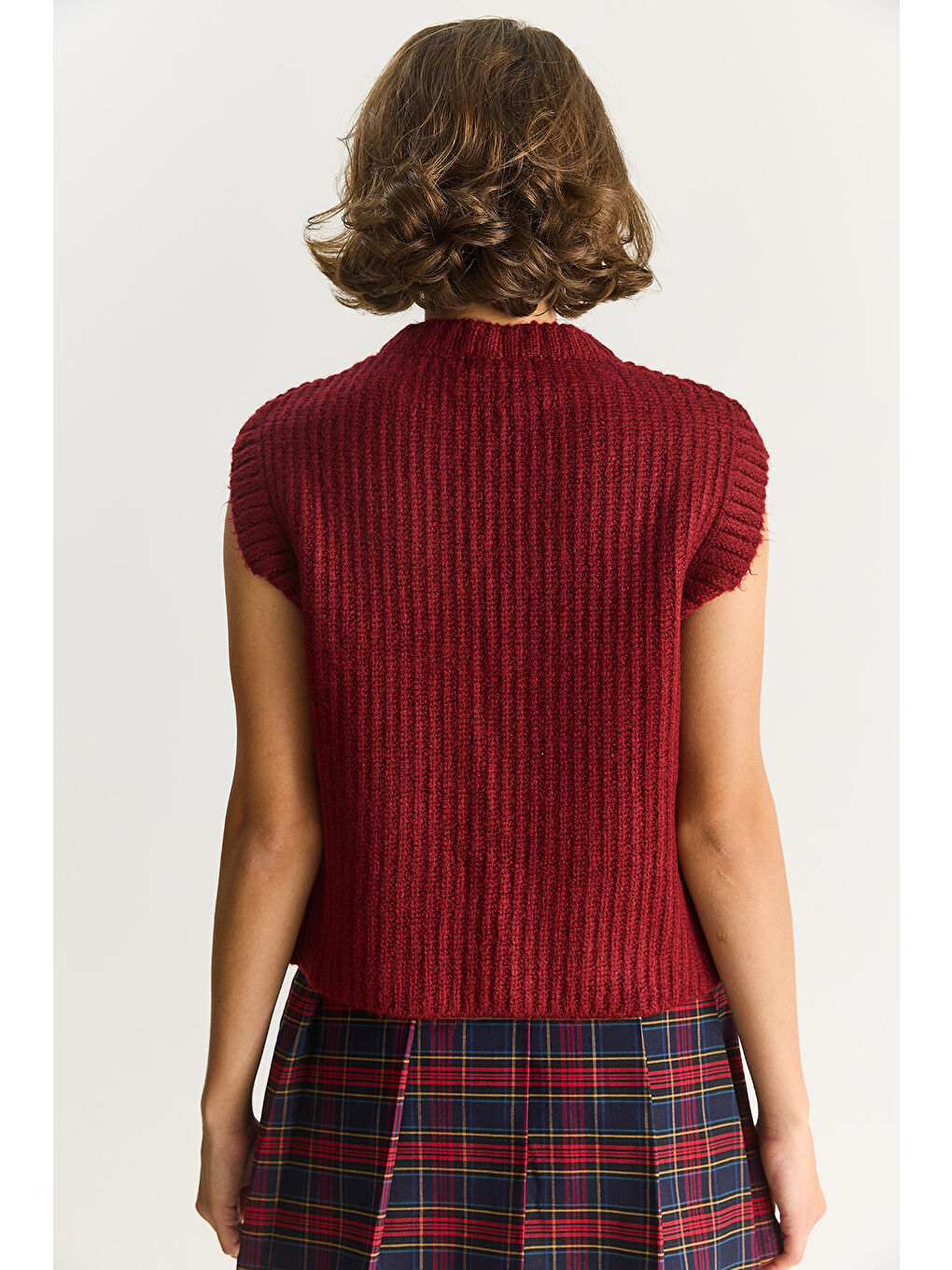 Bordo Kadın Önden Bağlamalı Cep Detaylı Triko Yelek-6