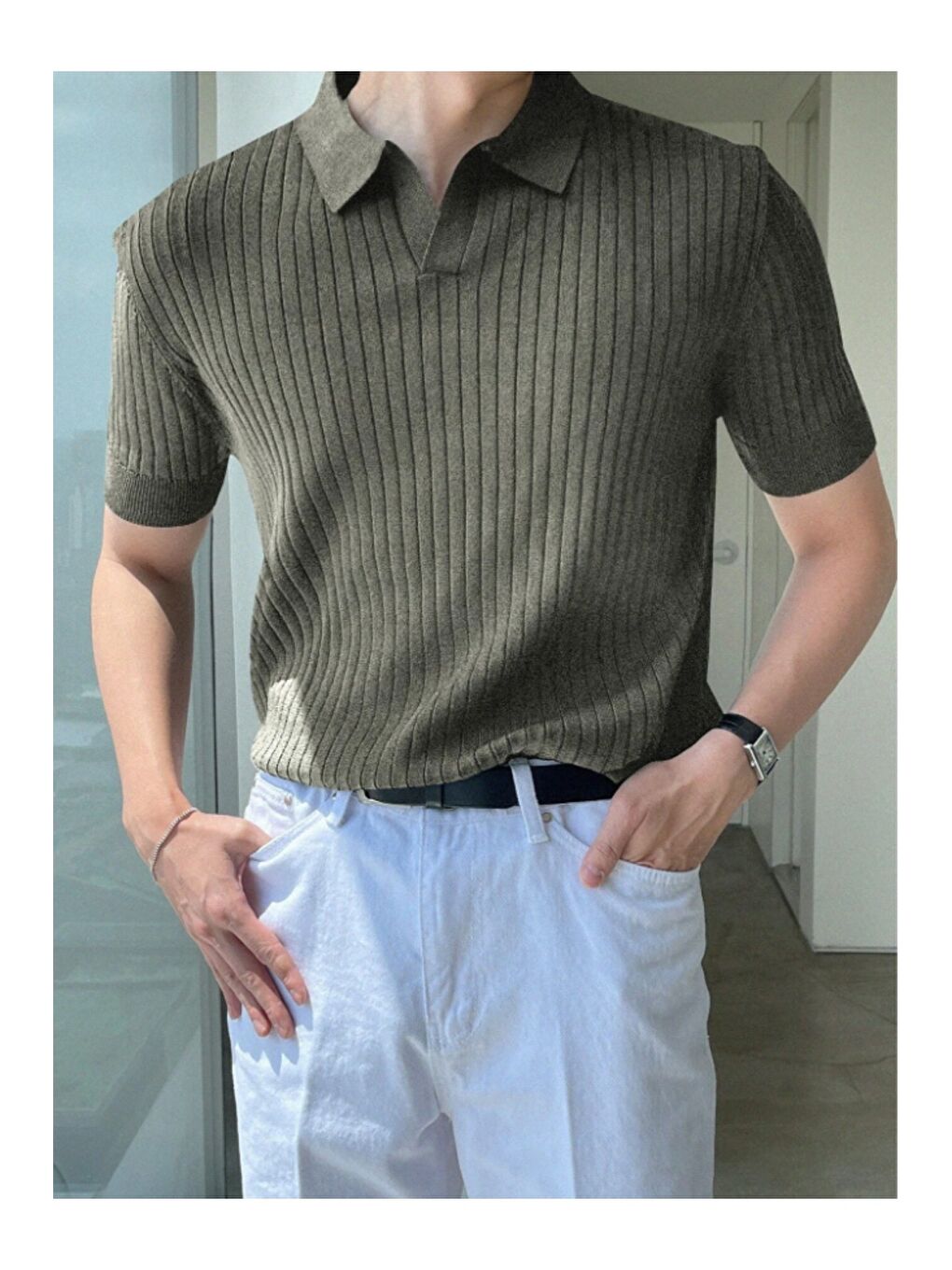 Gri Erkek Fitilli Polo Yaka Triko T-Shirt-6