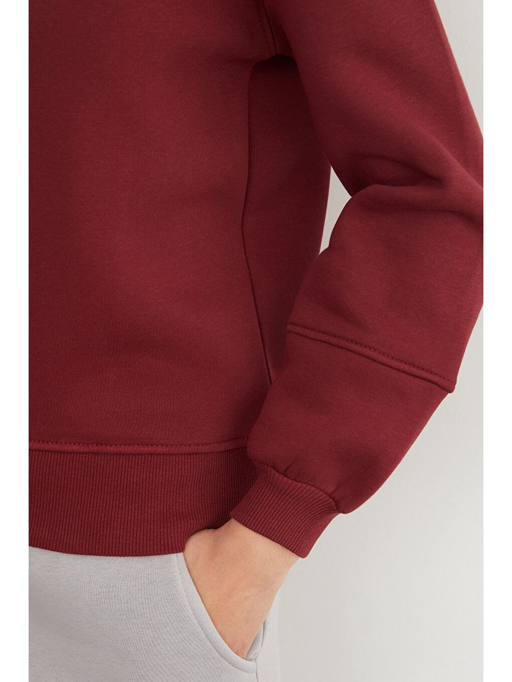 Bordo 3 İplik Basic Bisiklet Yaka Sweatshirt-3