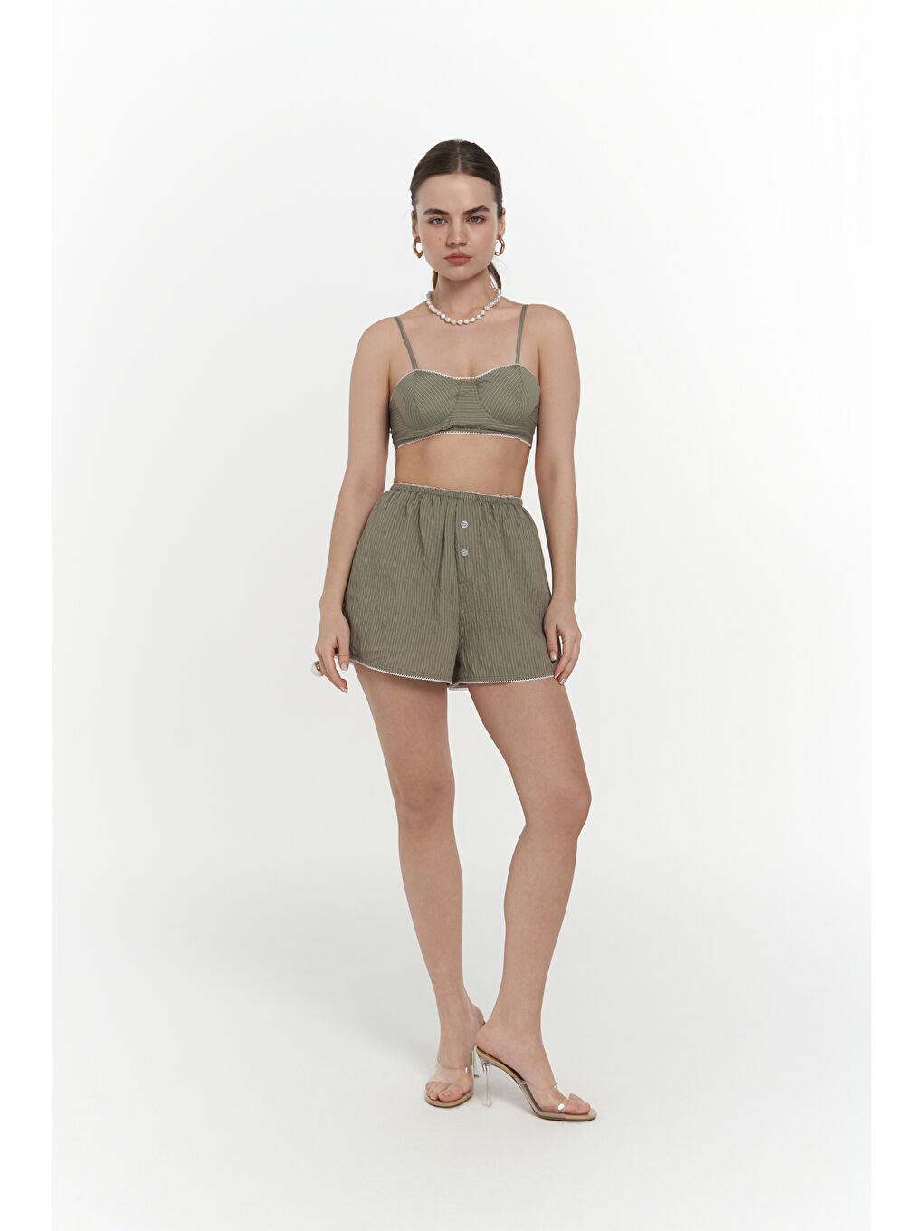 Leda Dantel Detay Şortlu Soft Haki Üçlü Takım-1