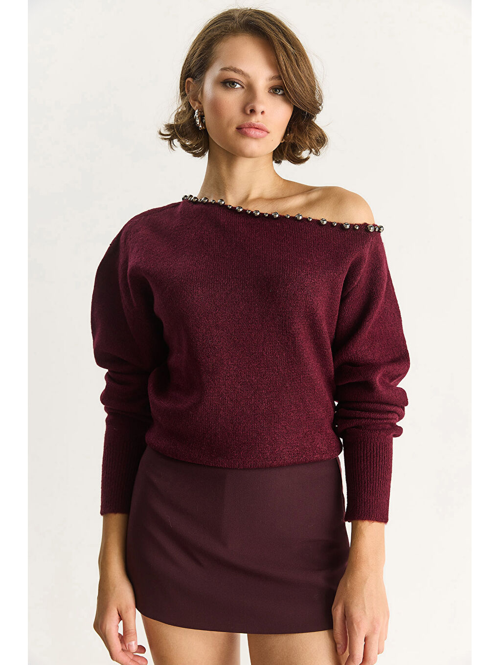 Bordo Kadın Taş İşleme Detaylı Tek Omuz Triko Kazak TK-3