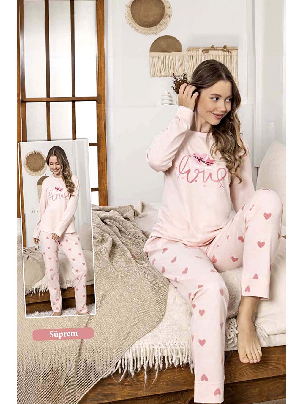 Kadın Kalp Desen Suprem Pijama Takımı 0327 Pembe02-3