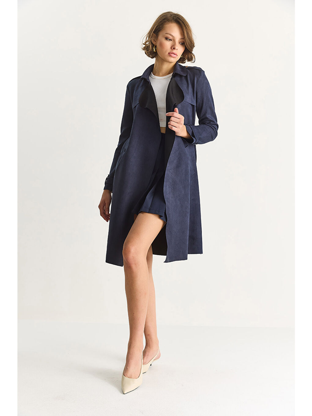 Lacivert Kadın Kruvaze Yaka Dökümlü Kuşaklı Süet Trençkot --3