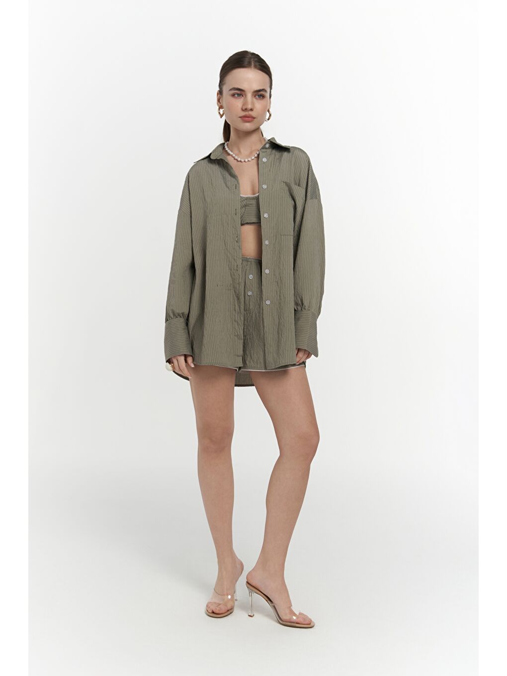 Leda Dantel Detay Şortlu Soft Haki Üçlü Takım-2