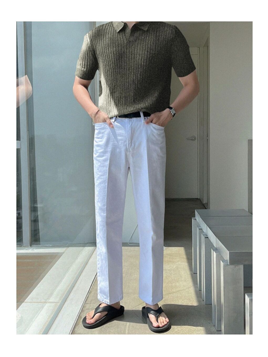 Gri Erkek Fitilli Polo Yaka Triko T-Shirt-7