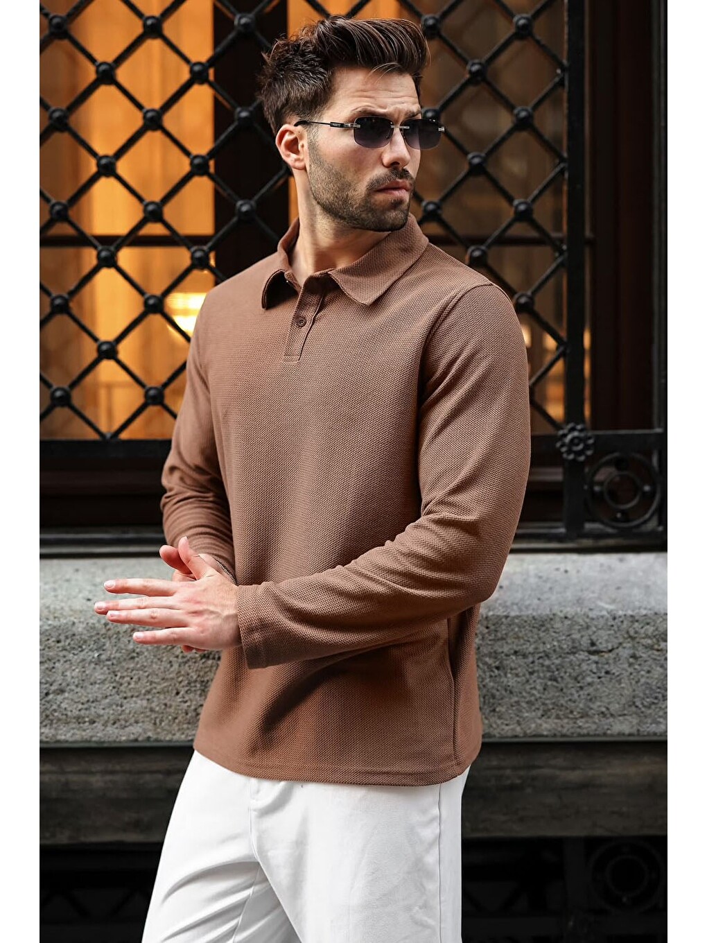Bej Vizon Gömlek Yaka Dokulu Regular Fit Erkek Sweatshirt E7203