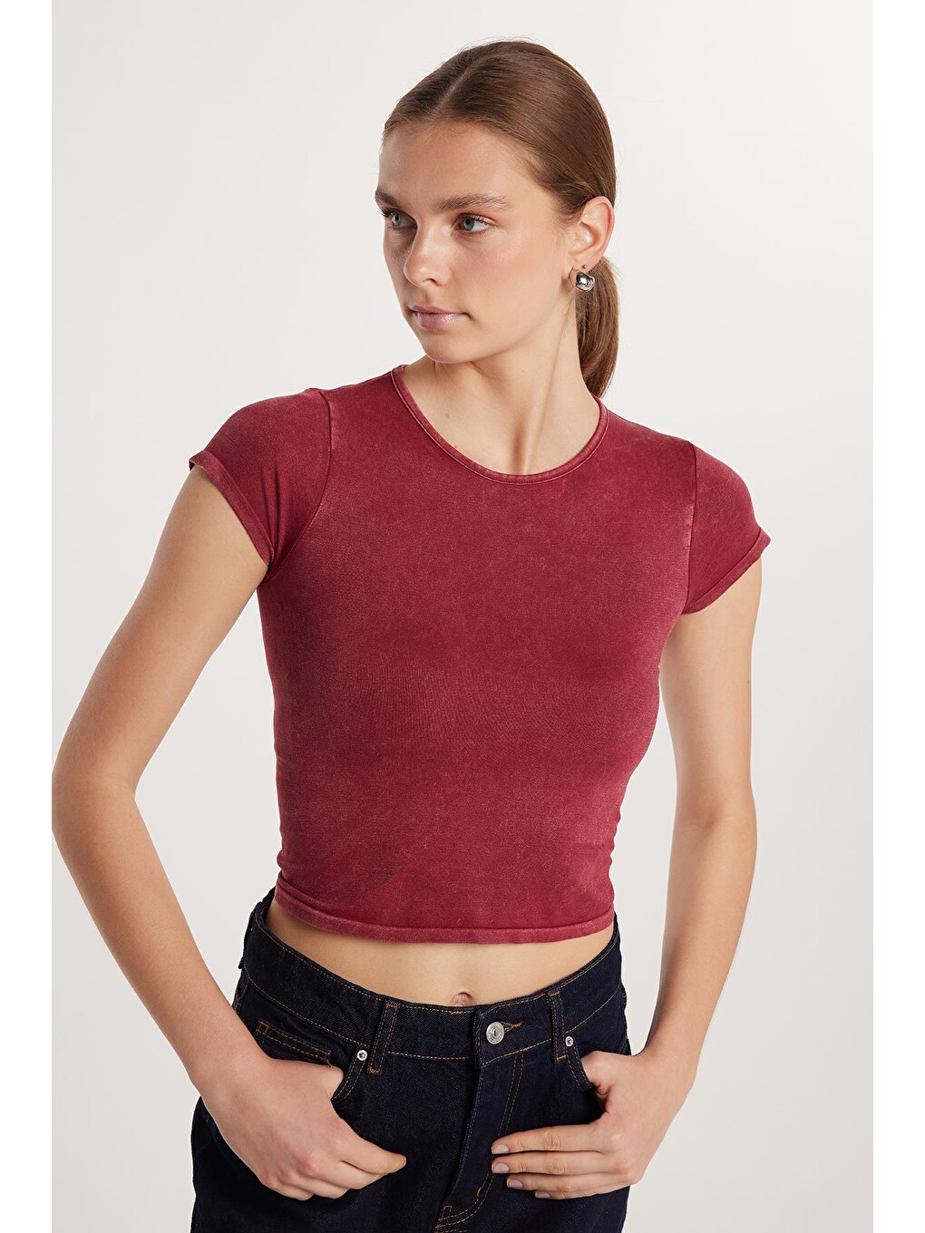 Kadın Slim Fit Dar Kesim Düz Basic Bisiklet Yaka Bordo Tişört-2