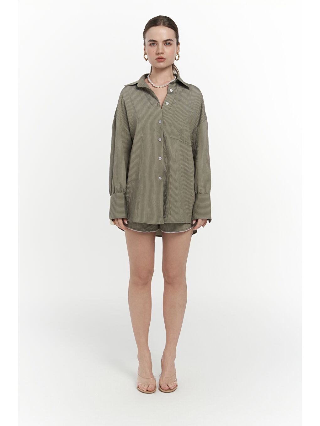 Leda Dantel Detay Şortlu Soft Haki Üçlü Takım-3