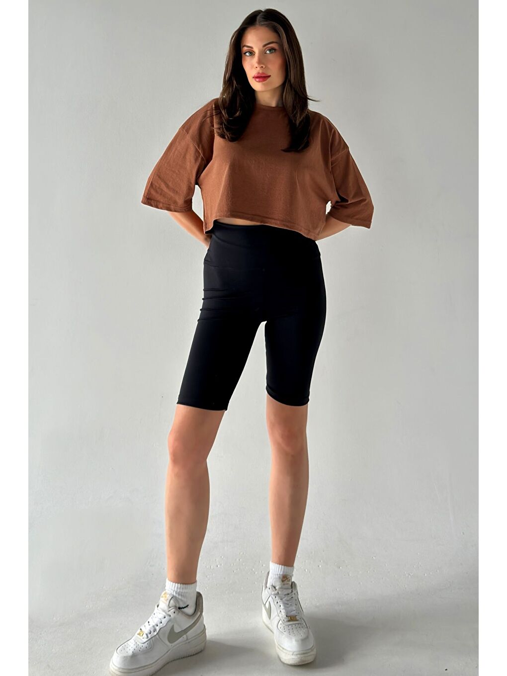 Kahverengi Kadın Oversize Kahve Crop Tshirt-2