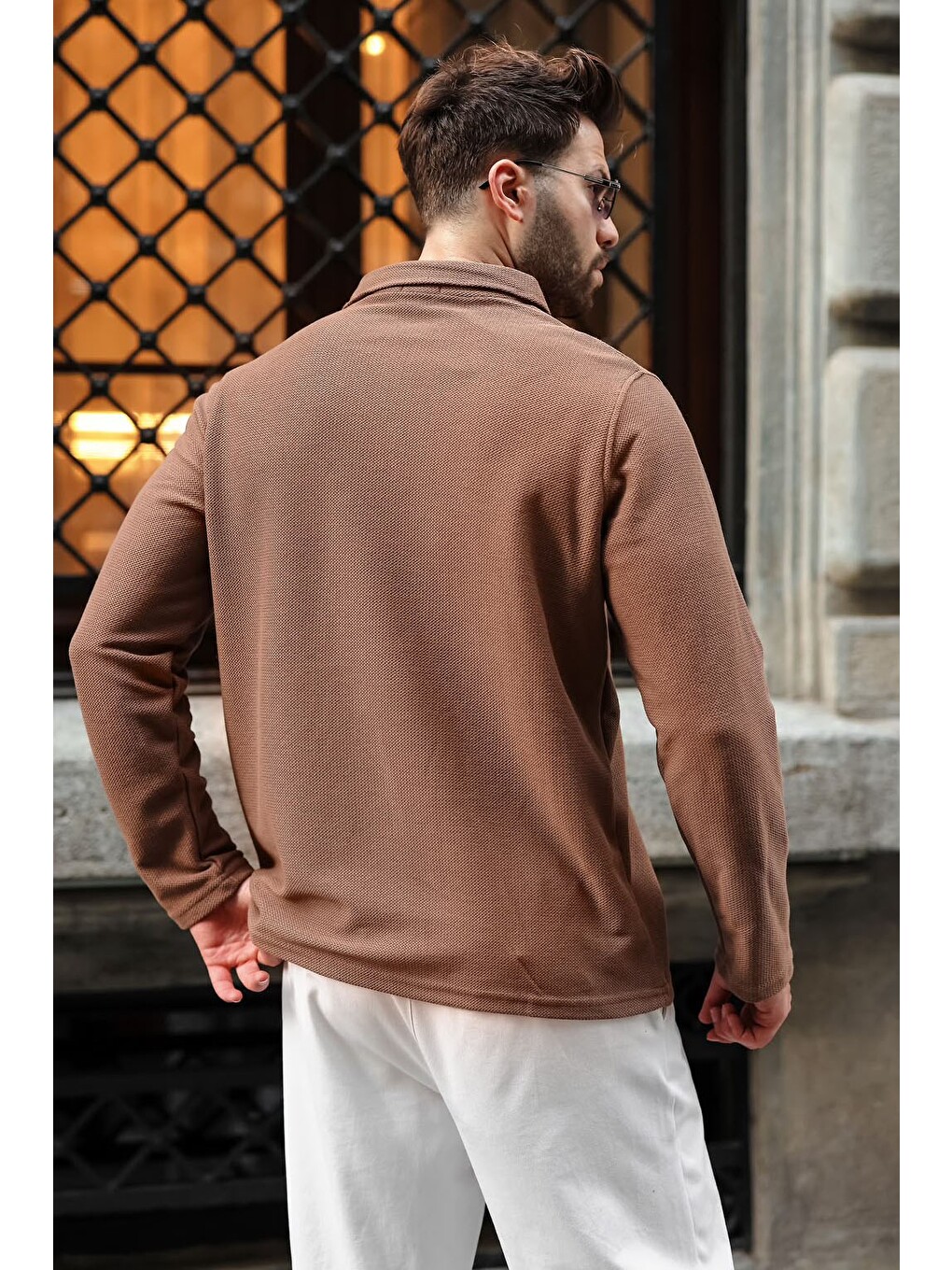 Bej Vizon Gömlek Yaka Dokulu Regular Fit Erkek Sweatshirt E7203-1