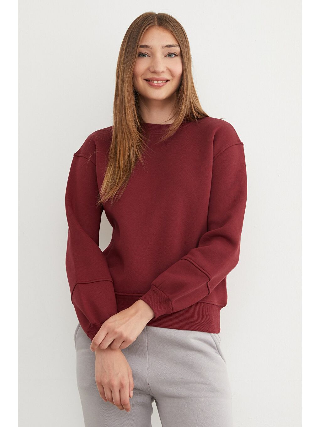 Bordo 3 İplik Basic Bisiklet Yaka Sweatshirt-4