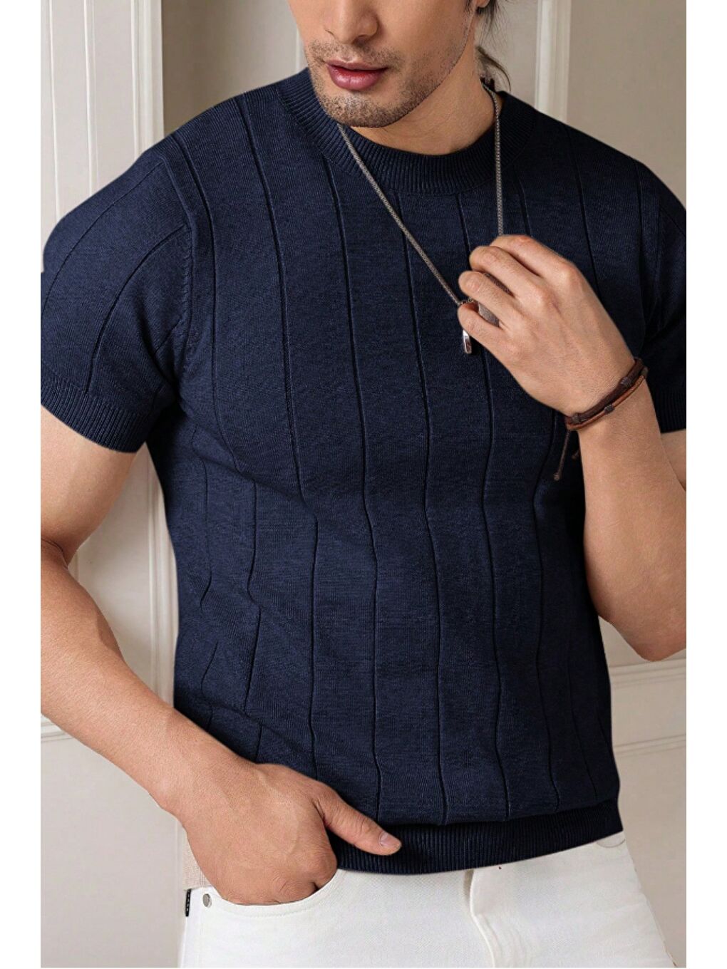 Lacivert Erkek Fit Dokulu Kısa Kollu Bisiklet Yaka Triko Tişört-1