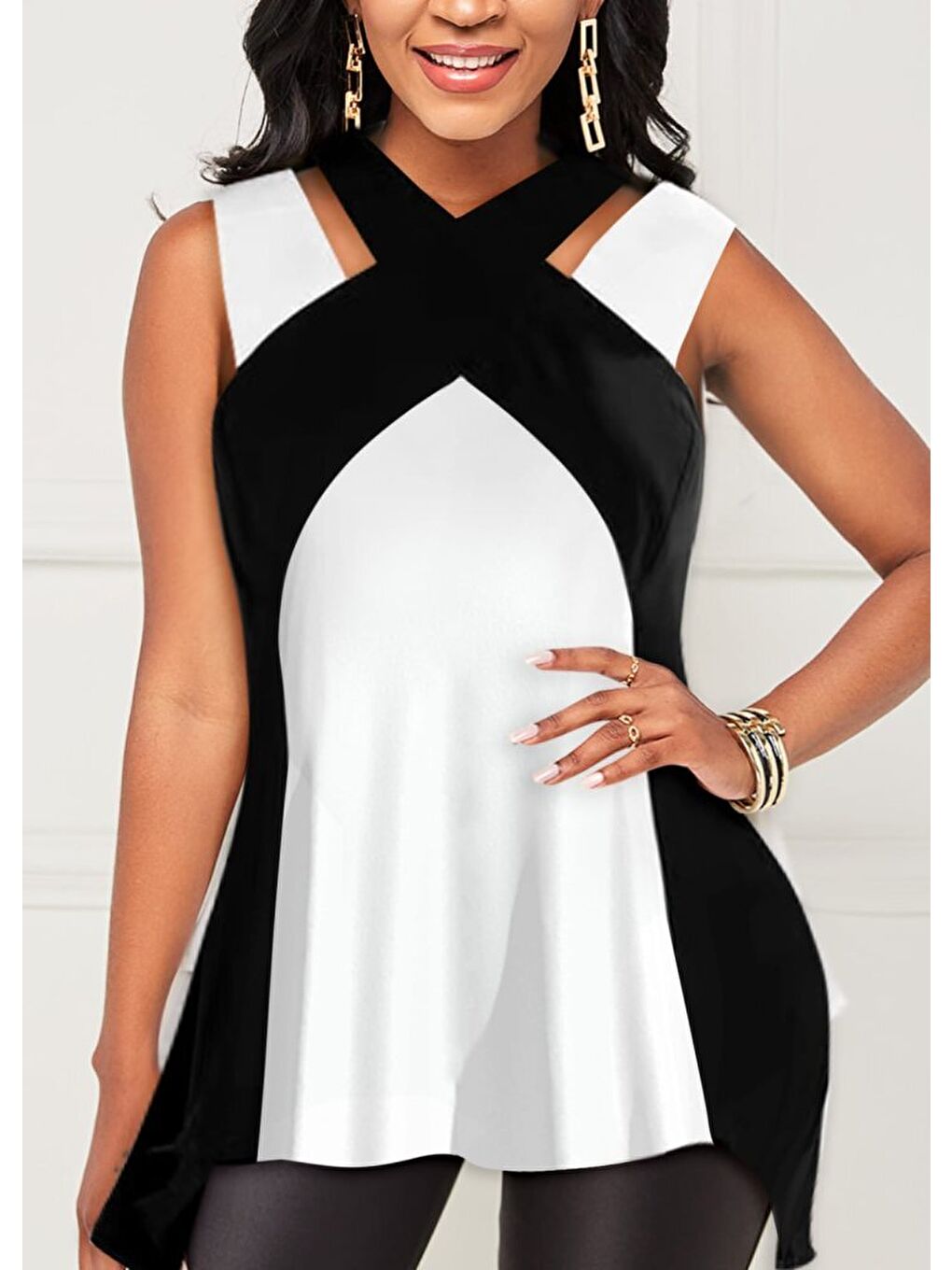 Siyah Kadın Askılı Boyundan çapraz Halter Yakalı çift Renkli Viskon Bluz