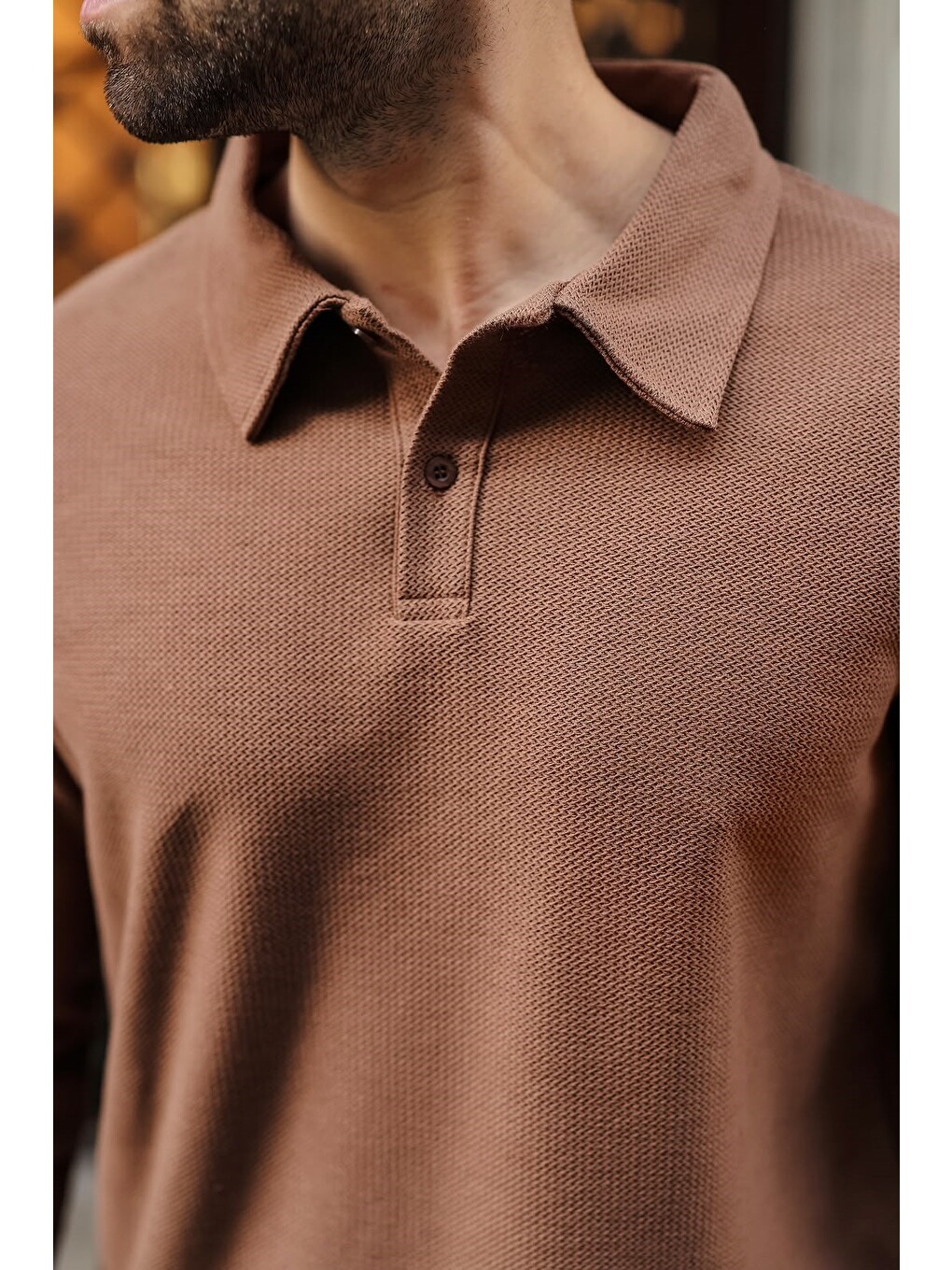 Bej Vizon Gömlek Yaka Dokulu Regular Fit Erkek Sweatshirt E7203-2