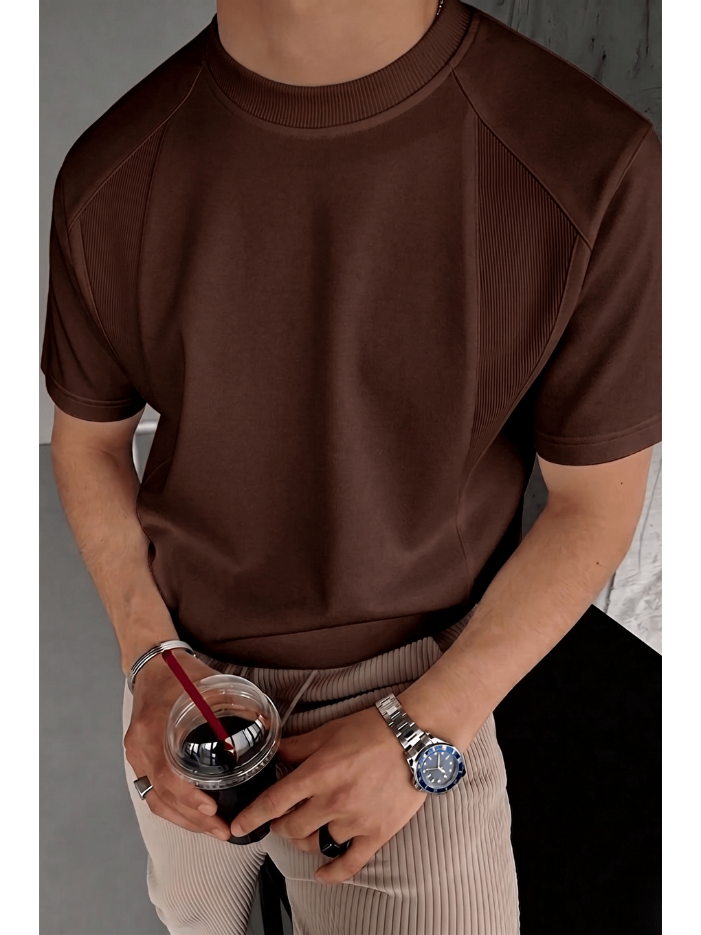 Kahverengi Erkek Tişört Basic Bisiklet Yaka Tişört Rahat Kesim Dökümlü Günlük Spor Tshirt