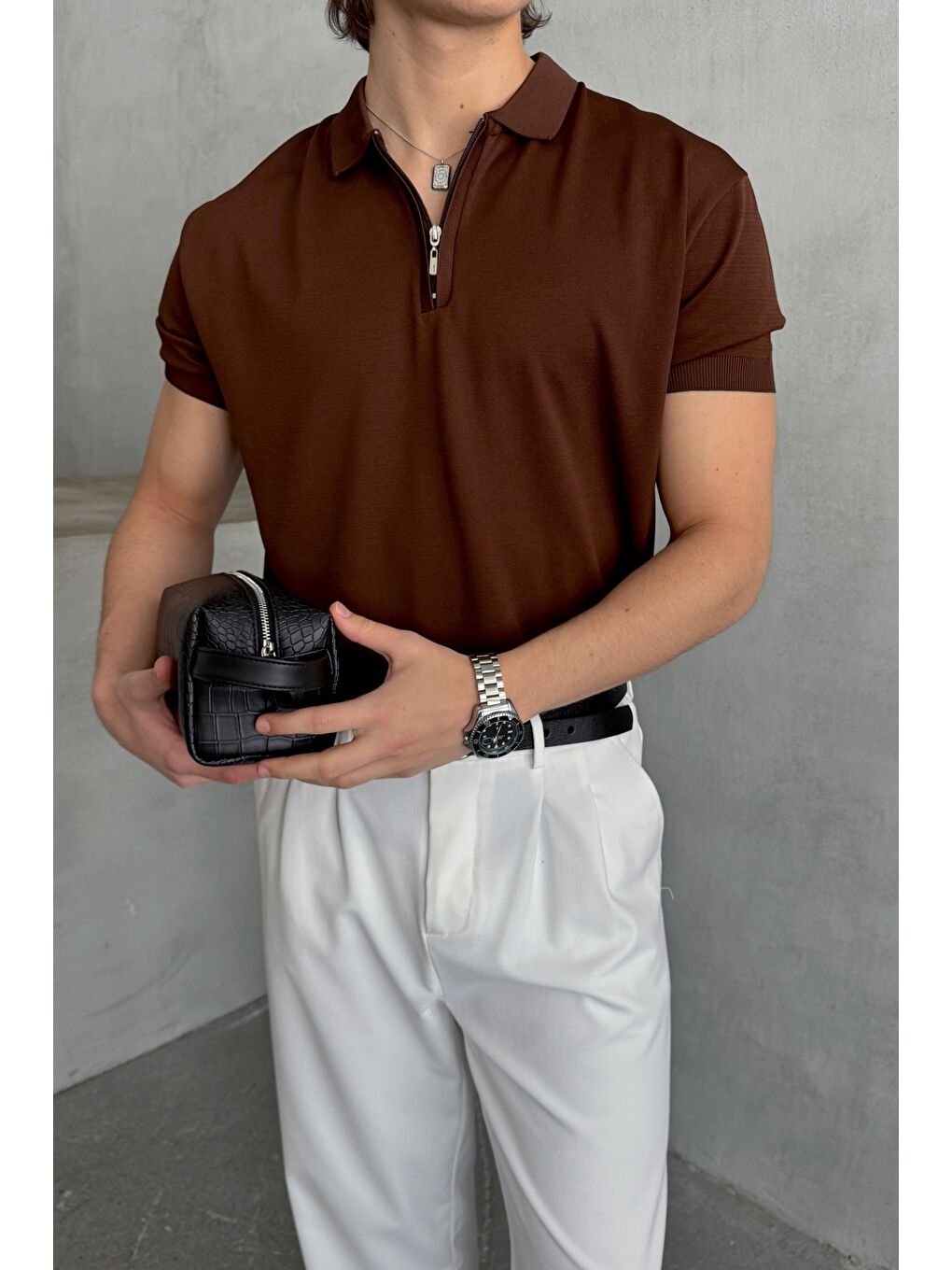Kahverengi Erkek Oversize Fermuarlı Polo Yaka Triko T-Shirt-1