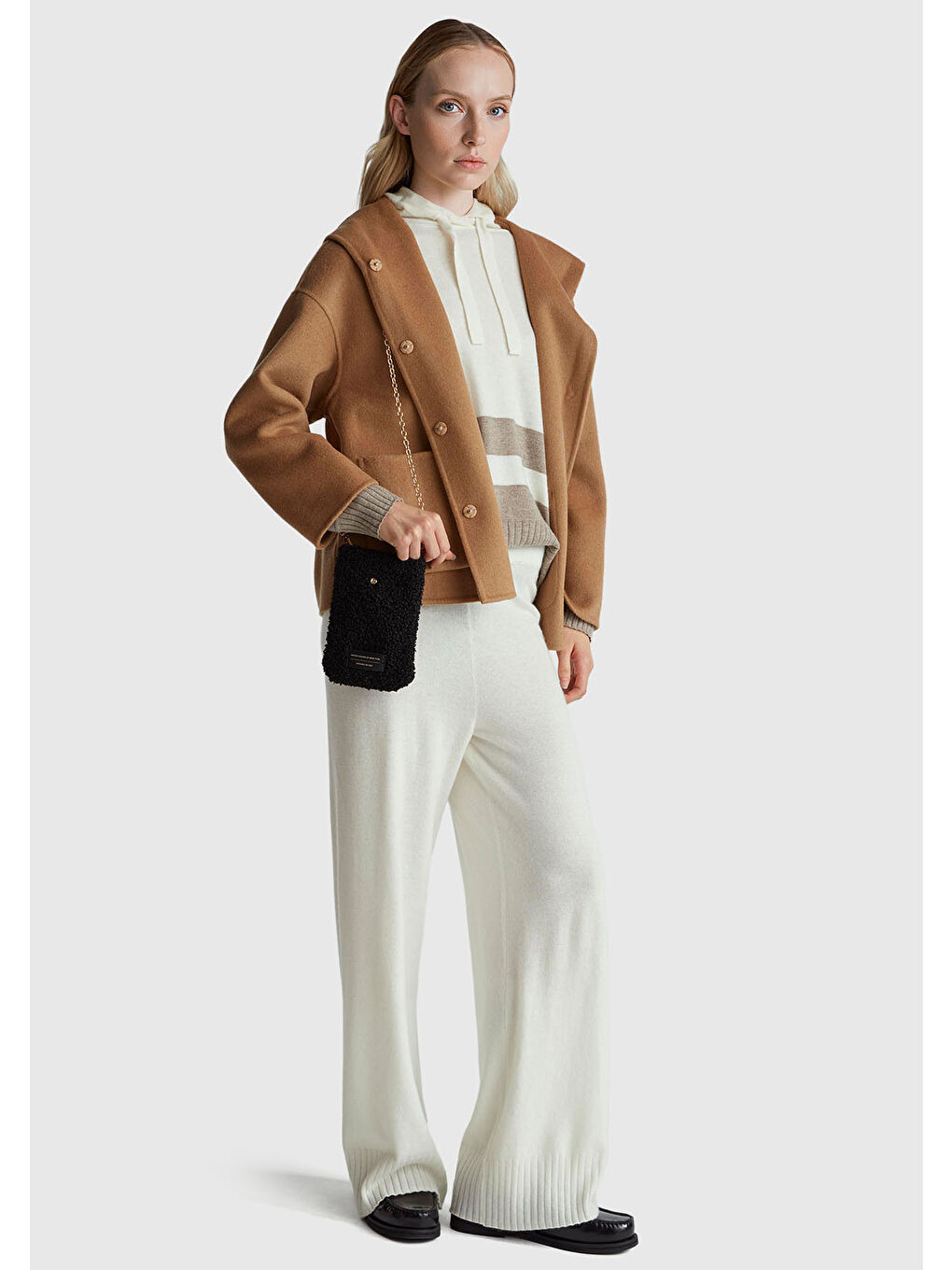 Kadın Ekru Yün ve Kaşmir Karışımlı Kapüşonlu Kazak-4