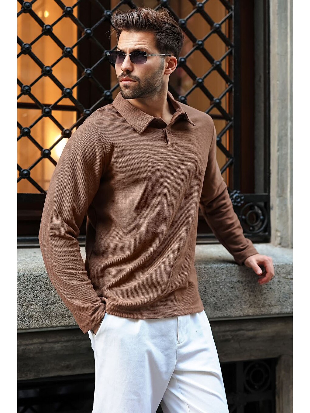 Bej Vizon Gömlek Yaka Dokulu Regular Fit Erkek Sweatshirt E7203-3