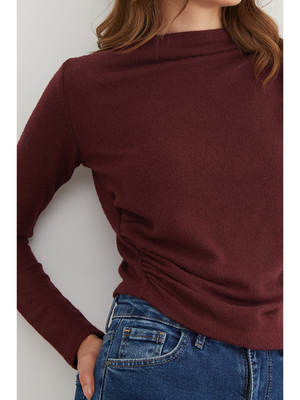 Bordo Yanı Drapeli Dik Yaka Triko Bluz-3