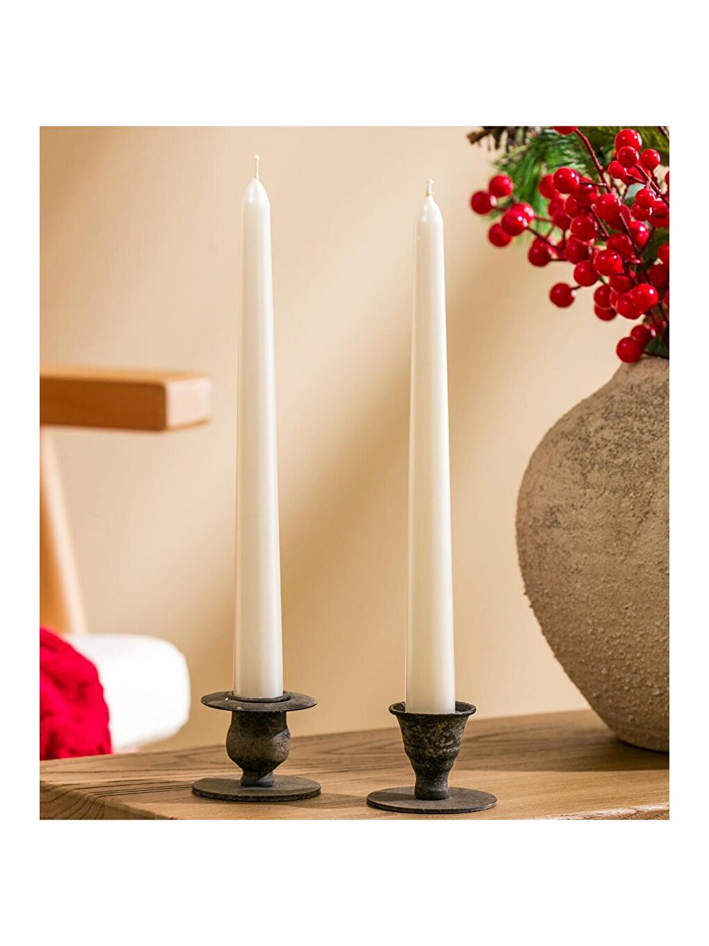 2'li Premium Metalik Beyaz Şamdan Mumu 25 Cm