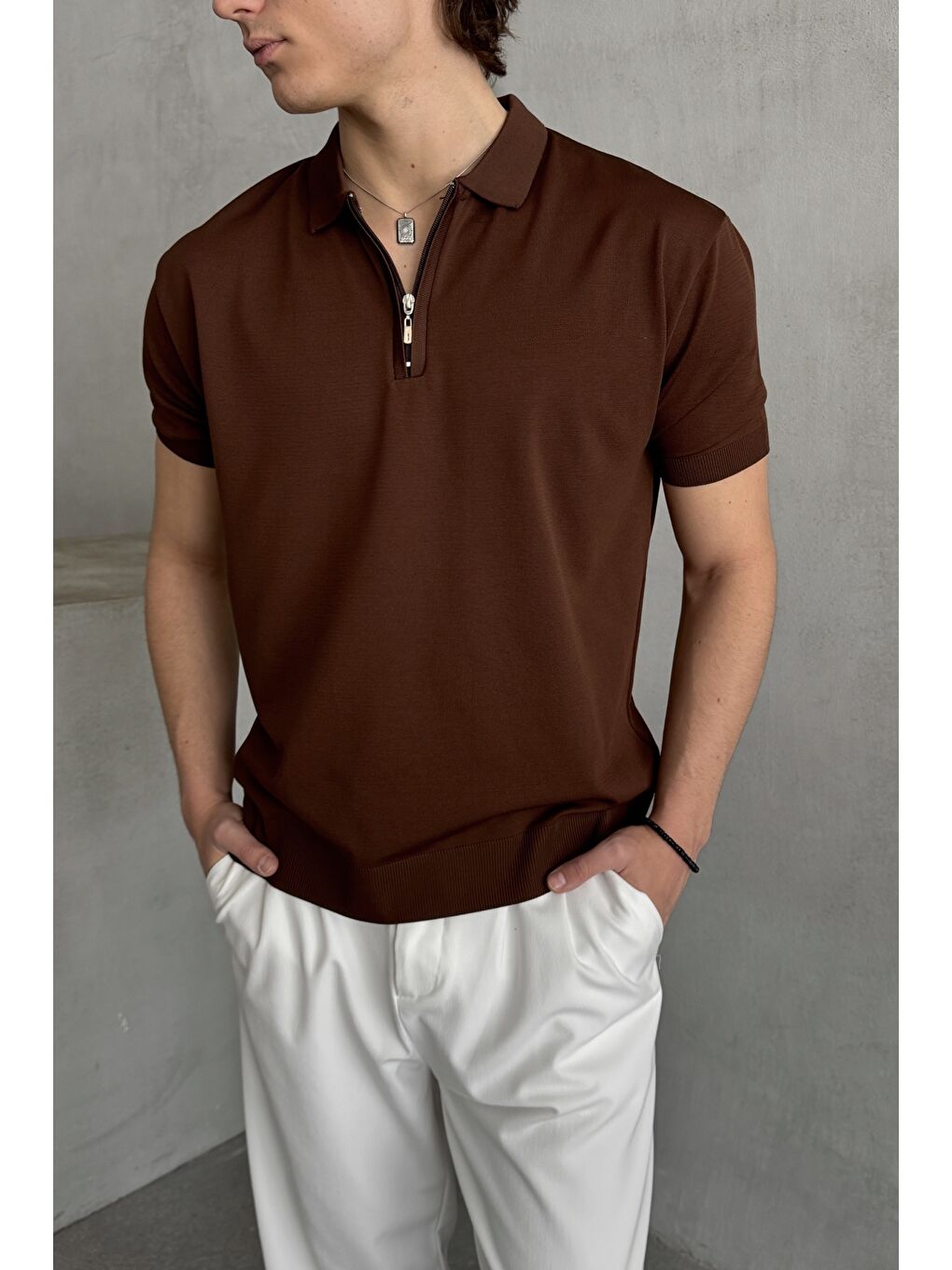 Kahverengi Erkek Oversize Fermuarlı Polo Yaka Triko T-Shirt-2