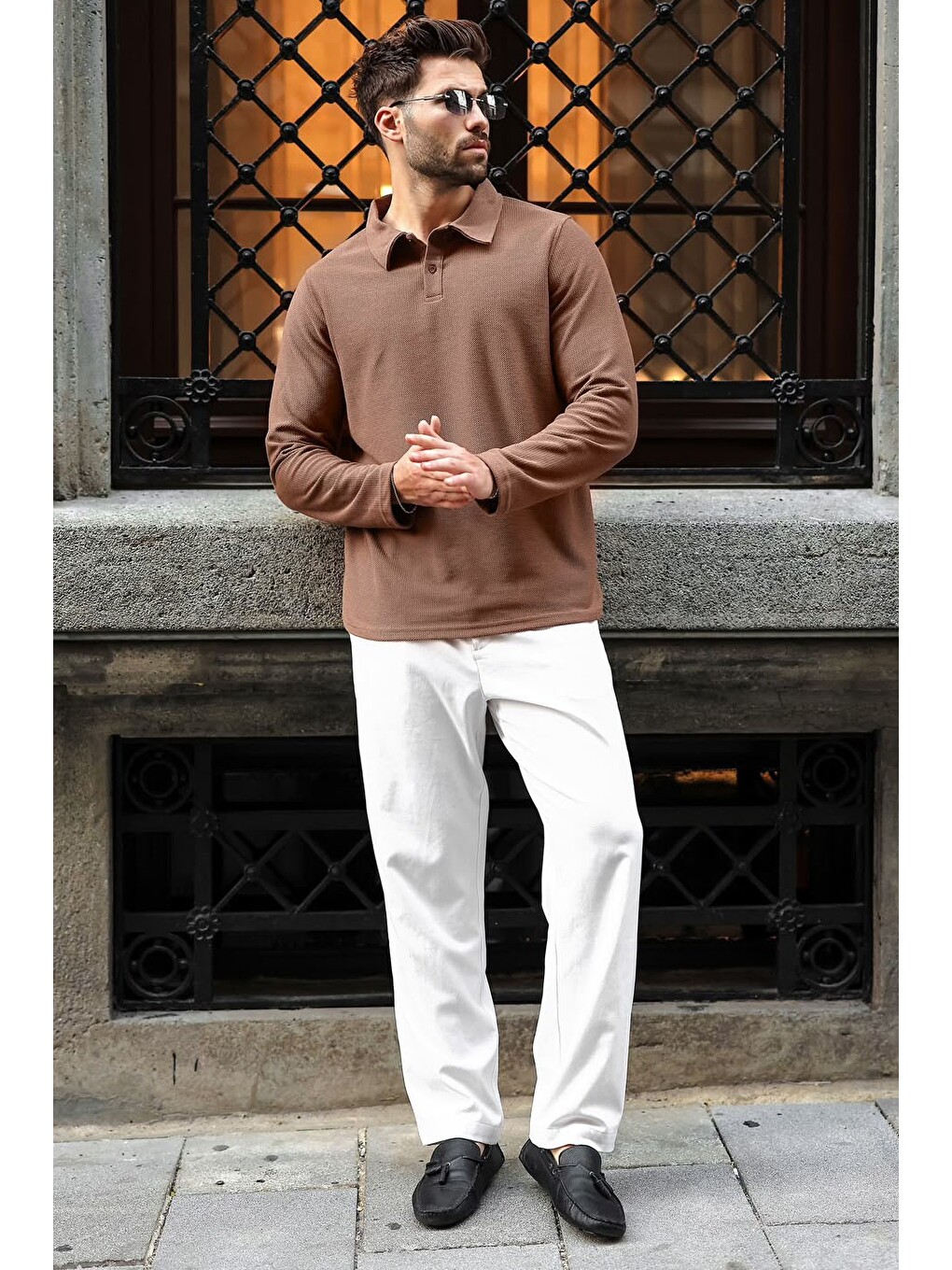 Bej Vizon Gömlek Yaka Dokulu Regular Fit Erkek Sweatshirt E7203-4