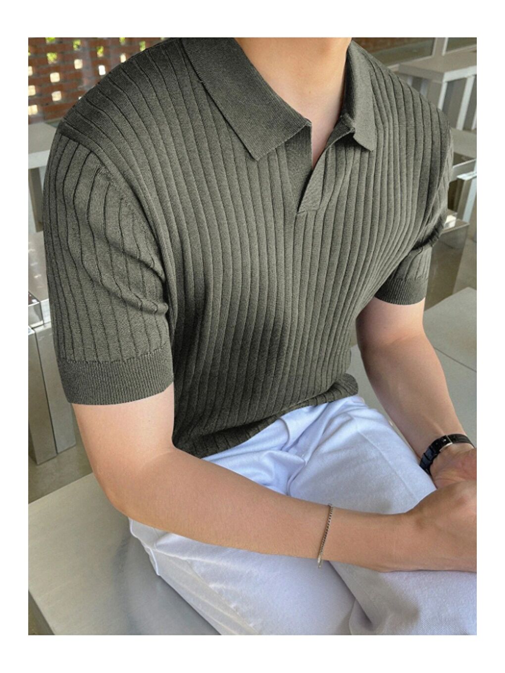 Gri Erkek Fitilli Polo Yaka Triko T-Shirt-8