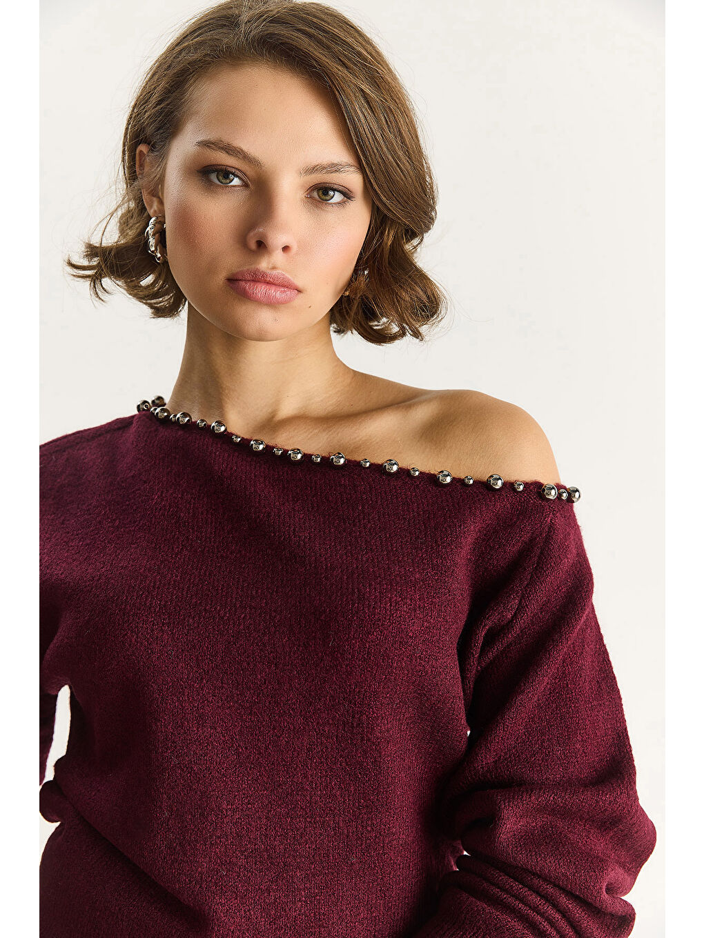 Bordo Kadın Taş İşleme Detaylı Tek Omuz Triko Kazak TK-4