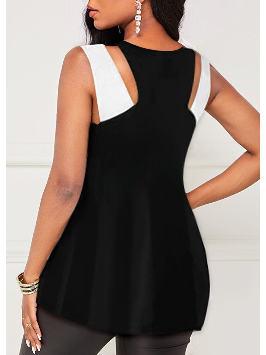 Siyah Kadın Askılı Boyundan çapraz Halter Yakalı çift Renkli Viskon Bluz-2