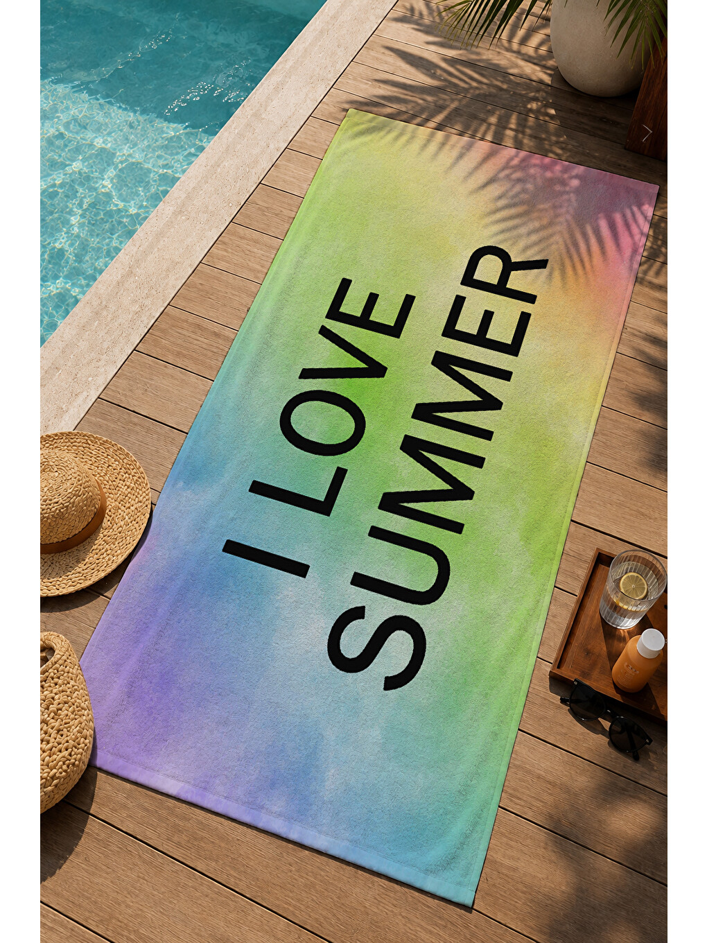 Pembe Pastel Batik I Love Summer Yazılı 70x150 Cm Dijital Baskılı Plaj Ve Banyo Havlusu-2