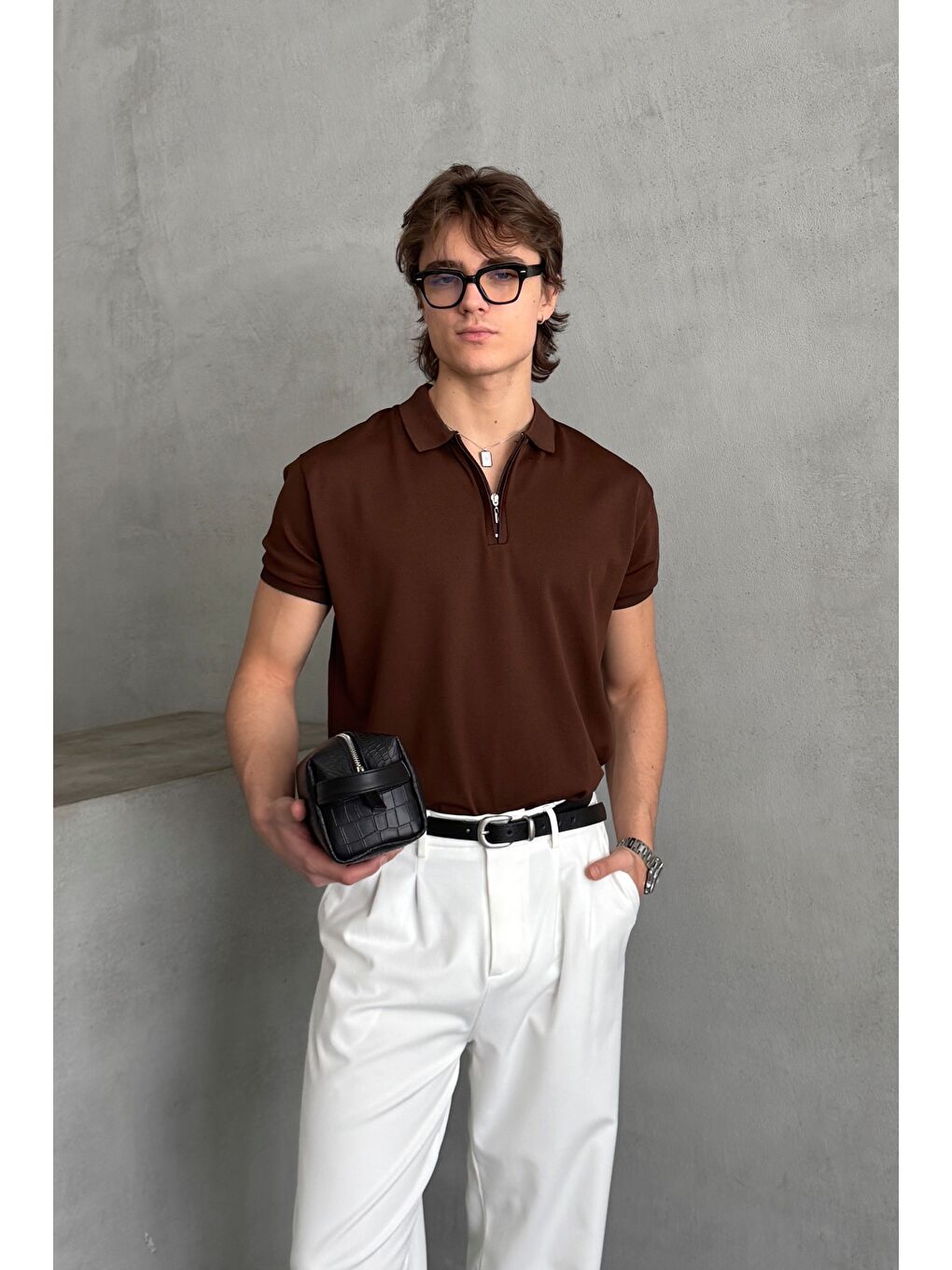 Kahverengi Erkek Oversize Fermuarlı Polo Yaka Triko T-Shirt-4