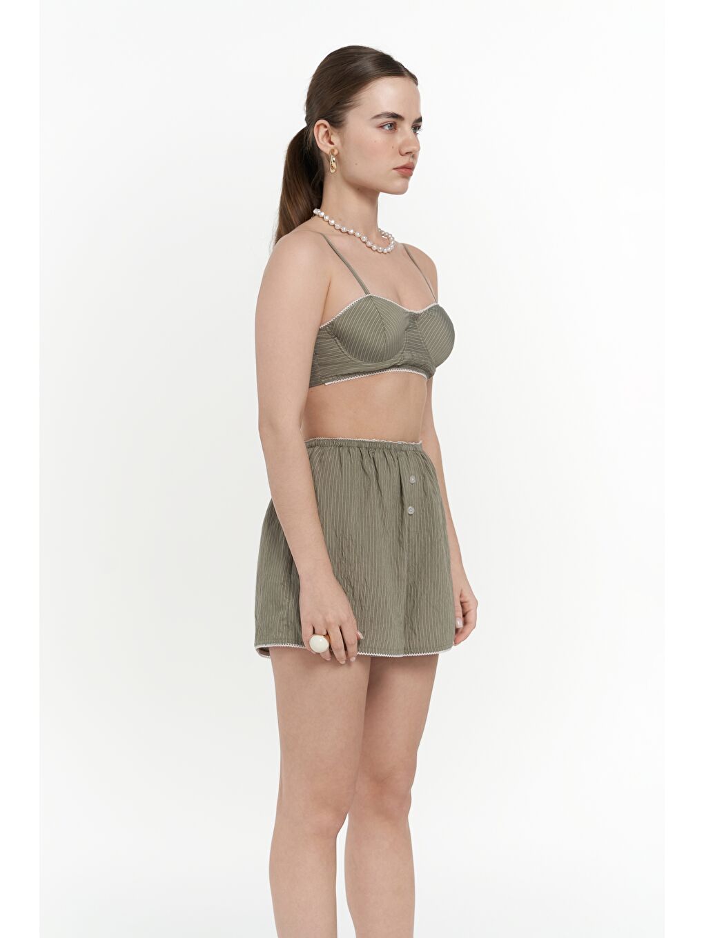 Leda Dantel Detay Şortlu Soft Haki Üçlü Takım-5