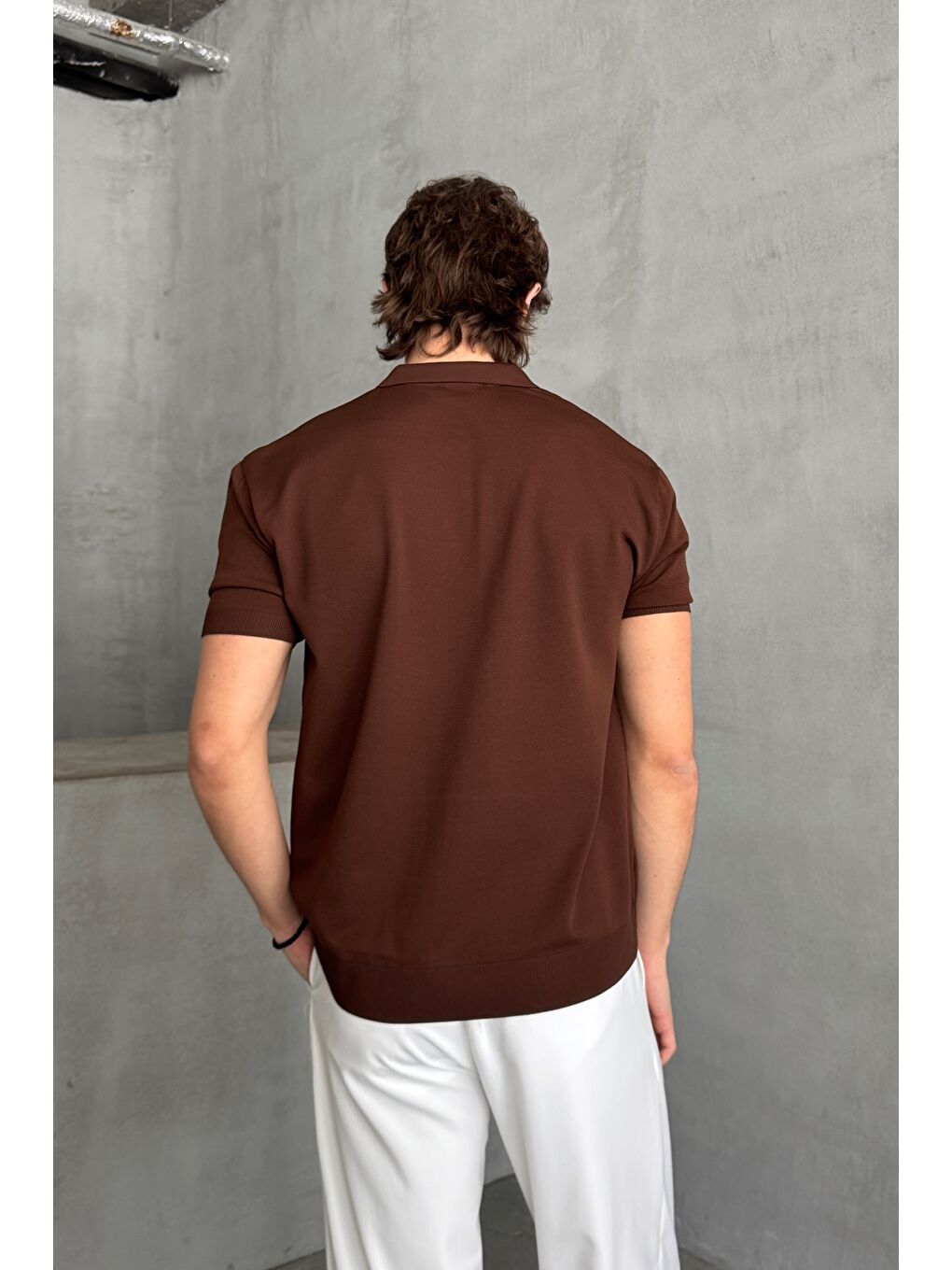Kahverengi Erkek Oversize Fermuarlı Polo Yaka Triko T-Shirt-5