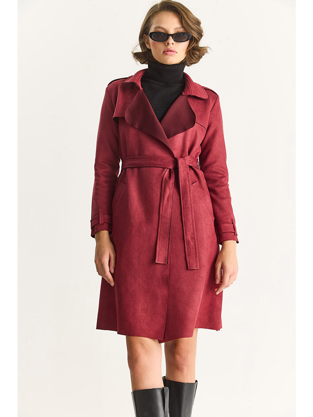 Bordo Kadın Kruvaze Yaka Dökümlü Kuşaklı Süet Trençkot --5