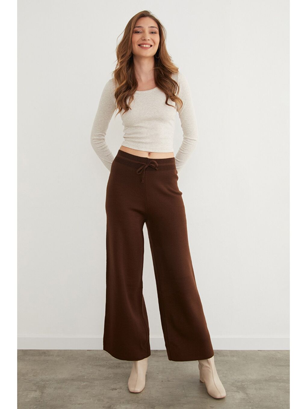 Kahverengi Beli Lastikli Palazzo Triko Pantolon