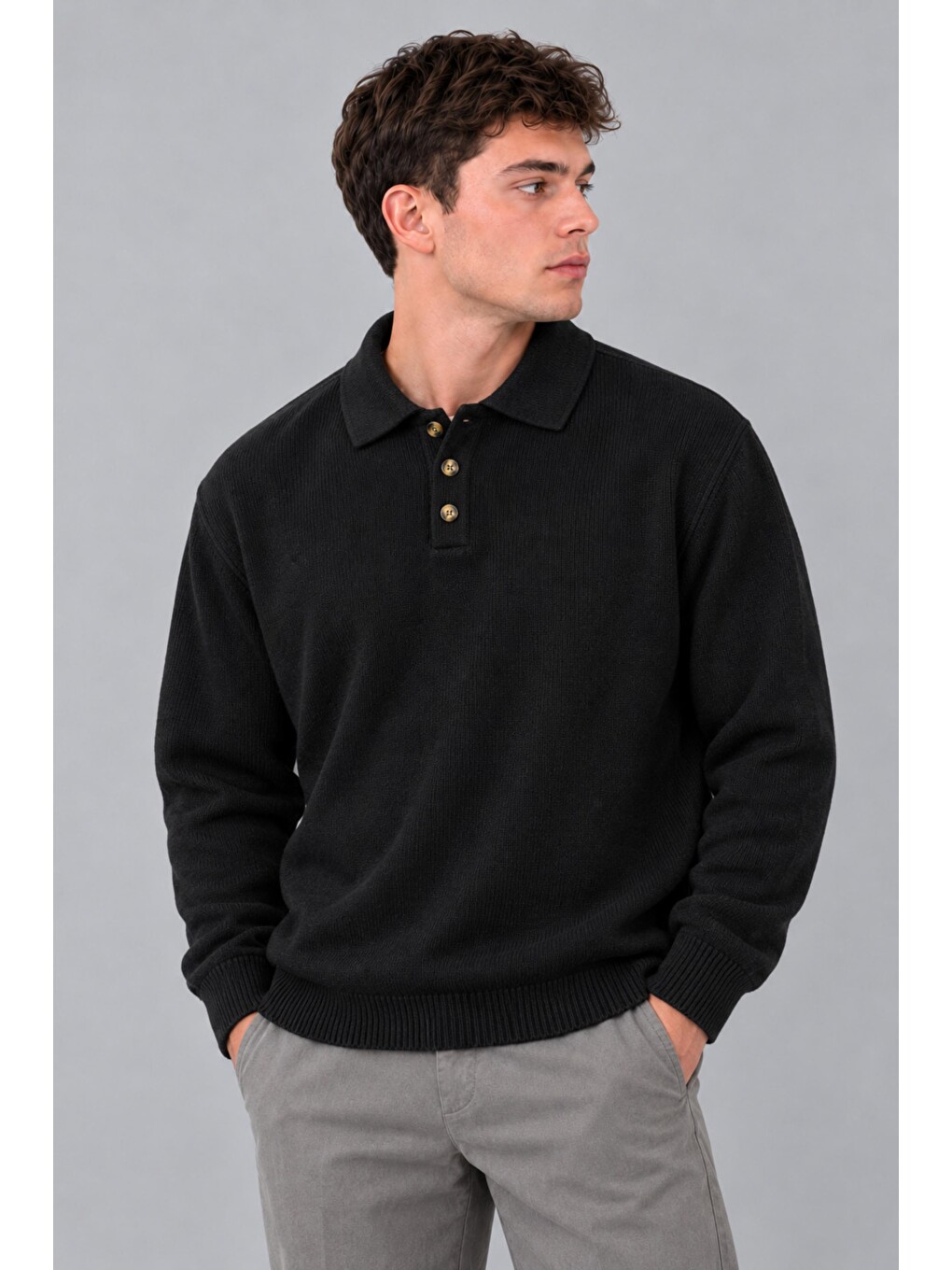 Siyah Oversize Düğmeli Yaka Örgü Kazak Dp 17501_10063