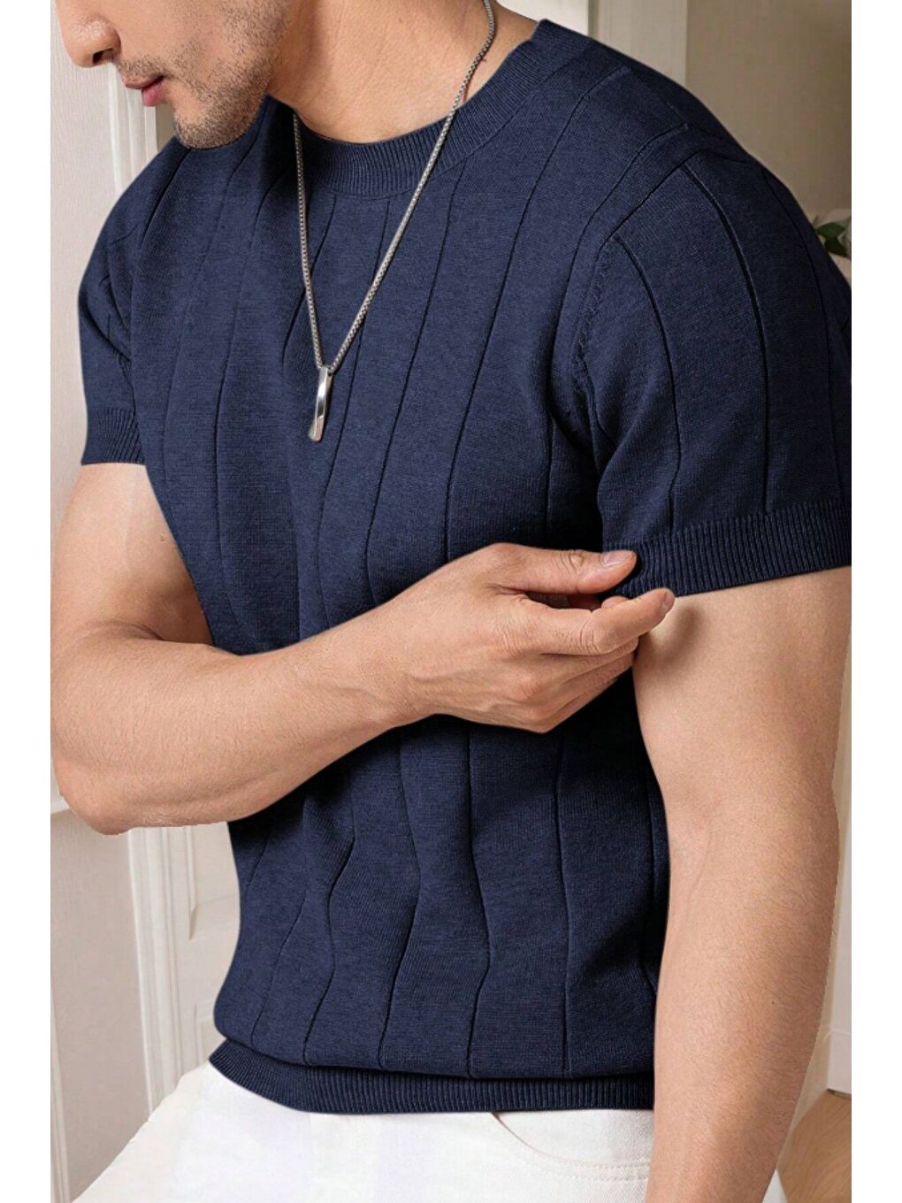 Lacivert Erkek Fit Dokulu Kısa Kollu Bisiklet Yaka Triko Tişört-3