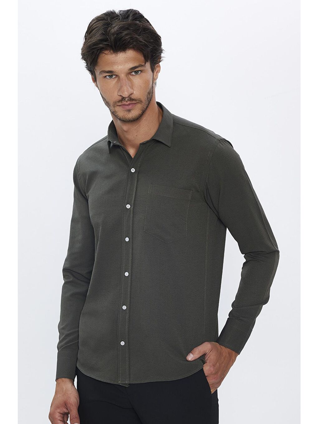 Erkek Regular Fit Klasik Kesim Pamuklu Tek Cepli Armürlü Haki Gömlek