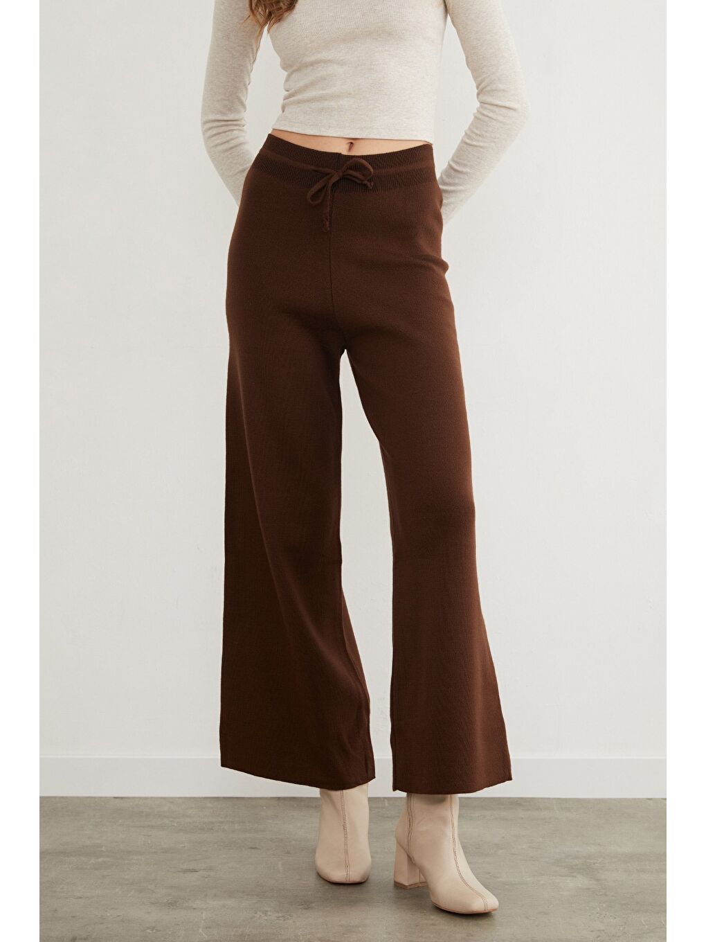 Kahverengi Beli Lastikli Palazzo Triko Pantolon-1