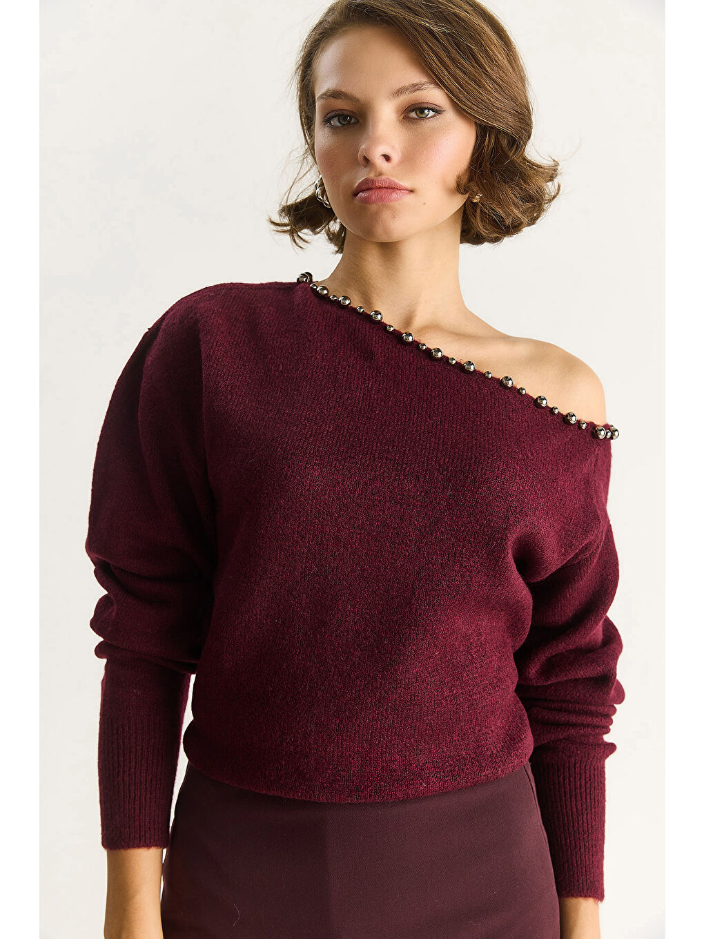 Bordo Kadın Taş İşleme Detaylı Tek Omuz Triko Kazak TK-5