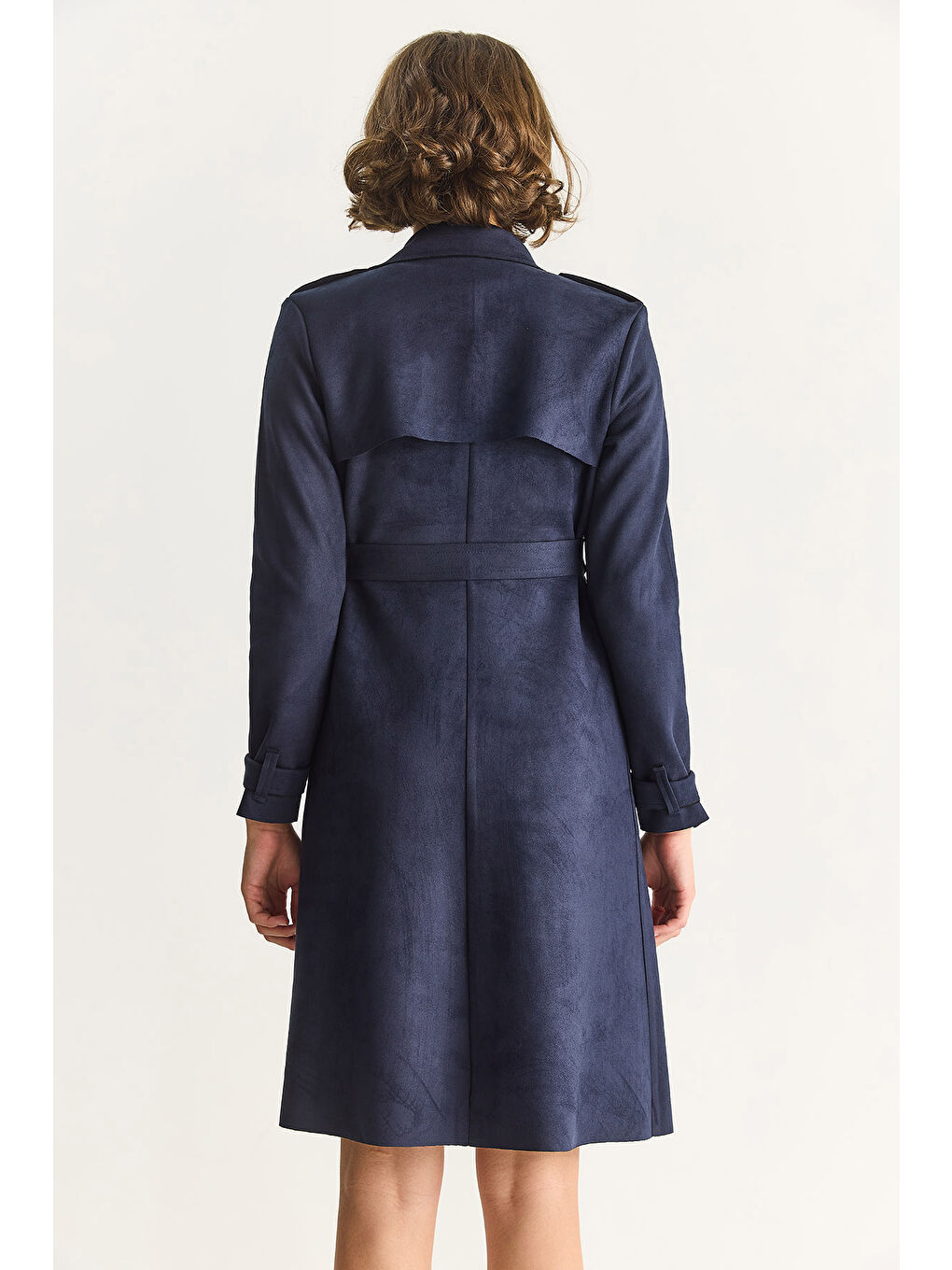 Lacivert Kadın Kruvaze Yaka Dökümlü Kuşaklı Süet Trençkot --7