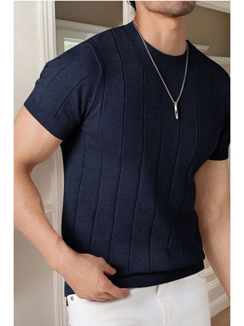 Lacivert Erkek Fit Dokulu Kısa Kollu Bisiklet Yaka Triko Tişört-4