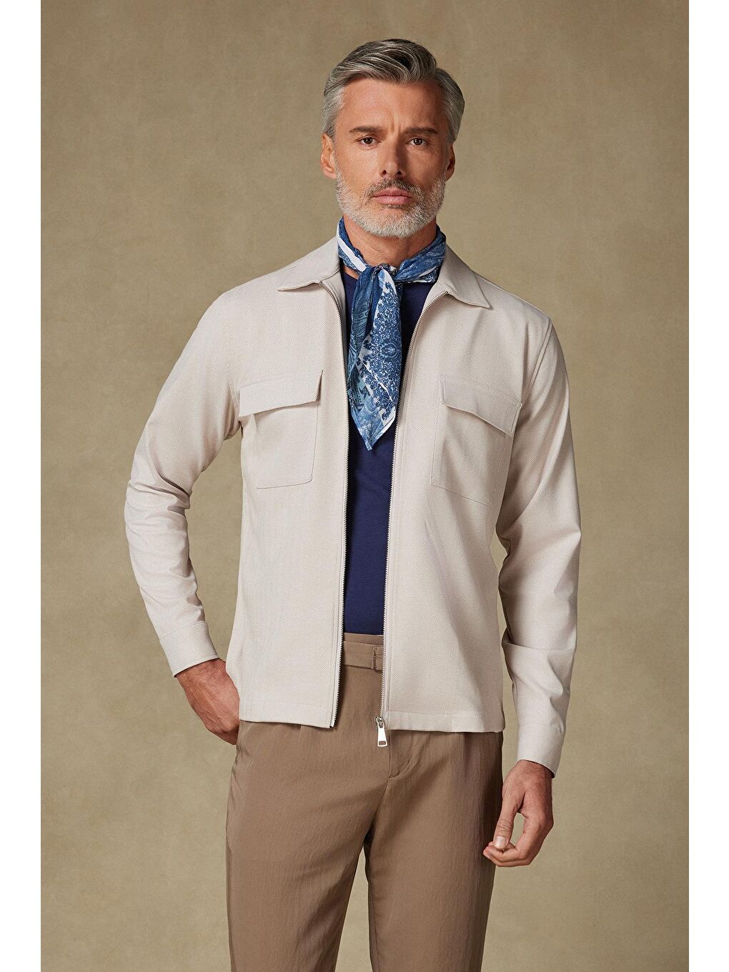 Verso Twill Overshirt Polyviskon Karışımlı Oversize Fit Bej Klasik Yaka Erkek Çizgili Ceket