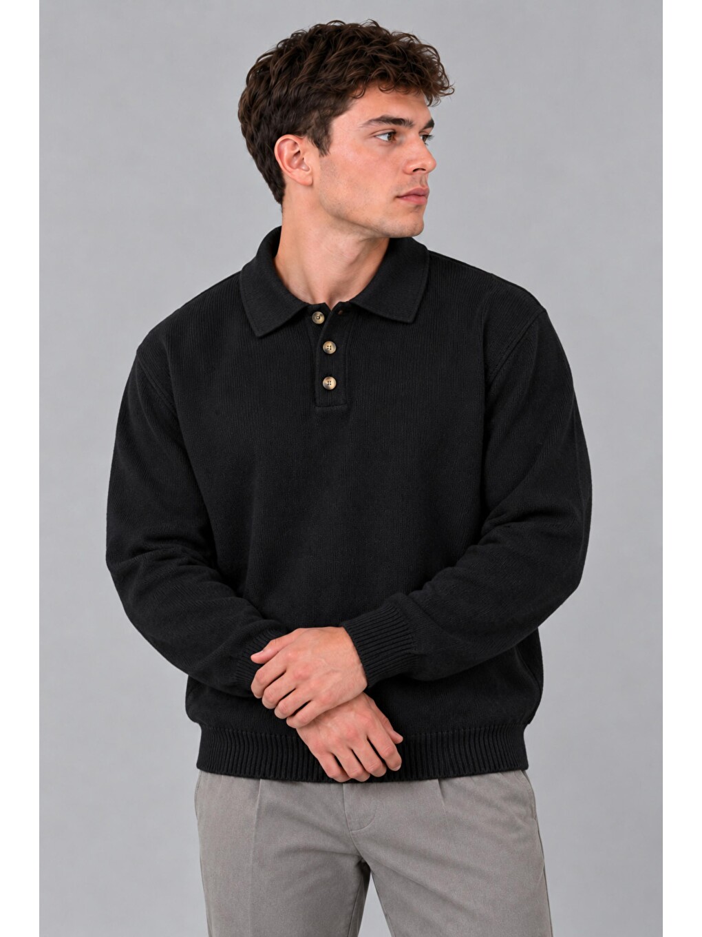 Siyah Oversize Düğmeli Yaka Örgü Kazak Dp 17501_10063-1