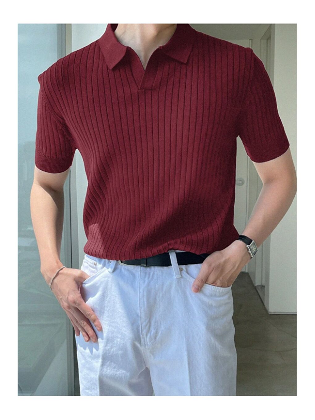 Gri Erkek Fitilli Polo Yaka Triko T-Shirt-9