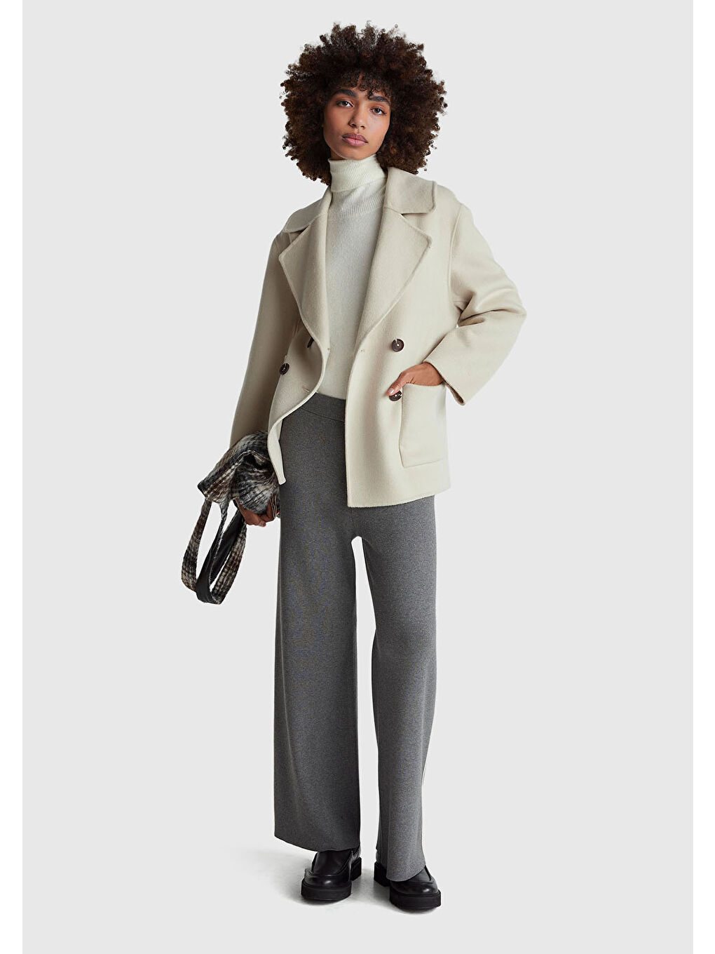 Gri Kadın Antrasit Melanj Viskoz Karışımlı Beli Lastikli Geniş Paça Pantolon-4