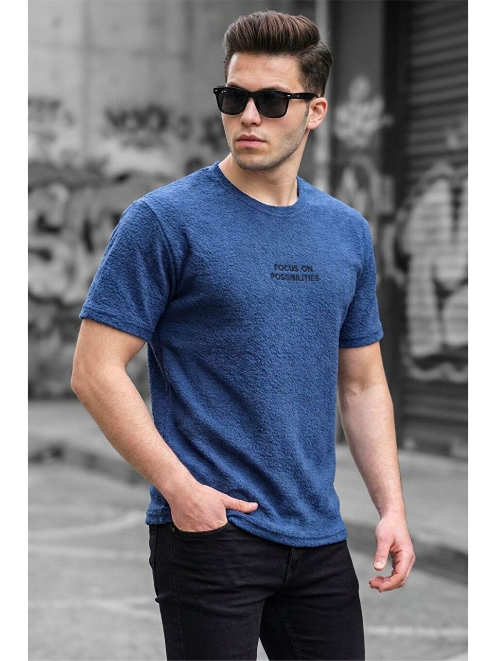 Mavi Focus On Özel Dokulu Buklet Kumaş Baskı Detaylı Erkek Tişört