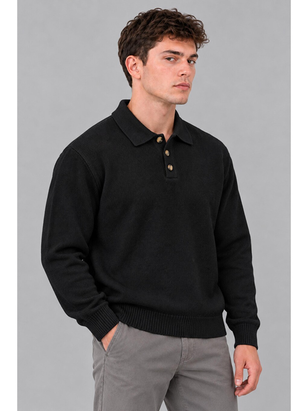 Siyah Oversize Düğmeli Yaka Örgü Kazak Dp 17501_10063-2