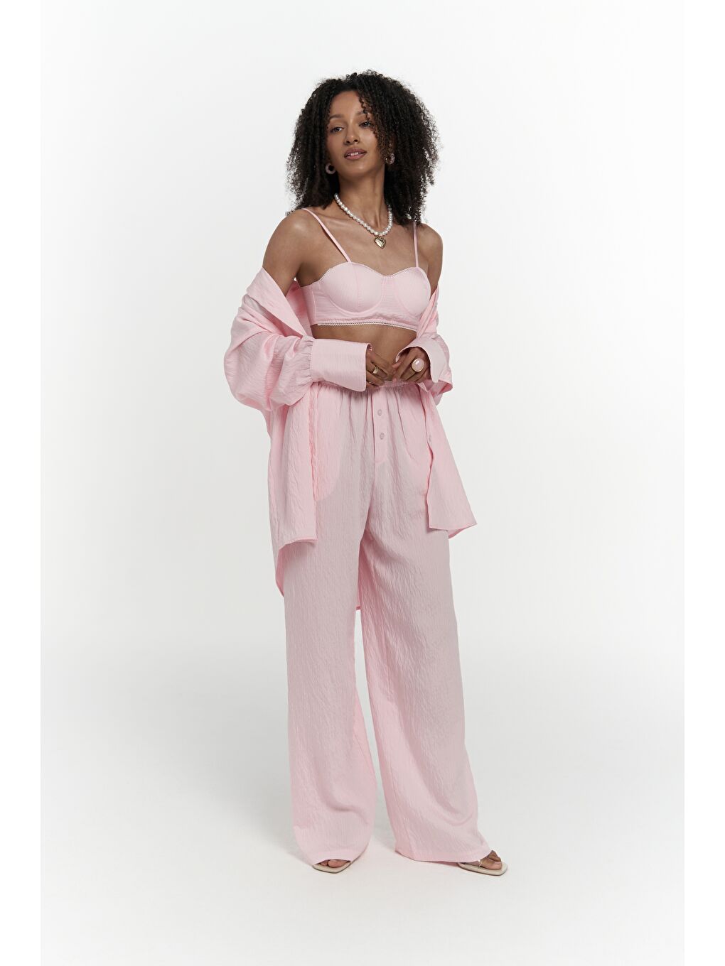 Melia Dantel Detay Pembe Üçlü Takım-1