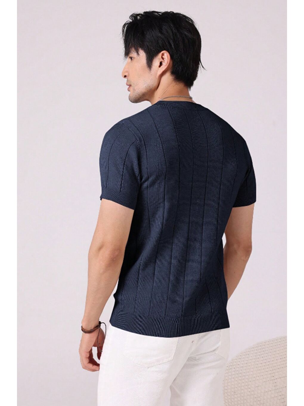 Lacivert Erkek Fit Dokulu Kısa Kollu Bisiklet Yaka Triko Tişört-5